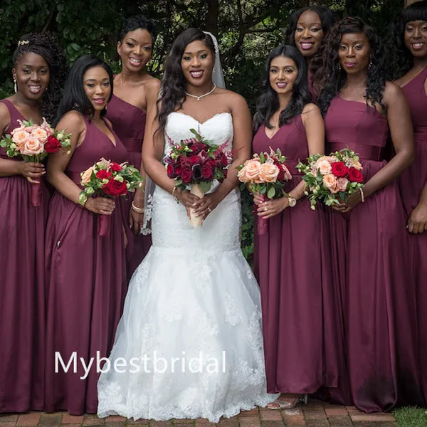 Mismatched One-shoulder V-neck Elegant Simple Long Bridesmaid Dressess, BDS0271