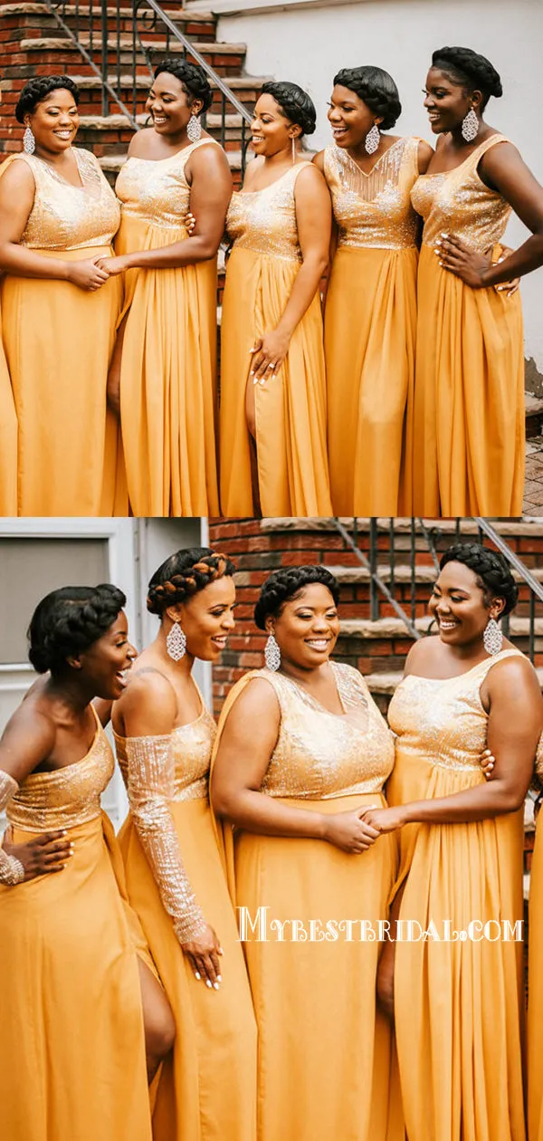 Mismatched V-neck Side Slit Long Simple Bridesmaid Dresses, BDS0140