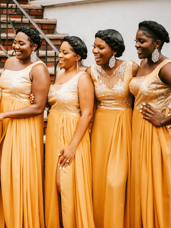 Mismatched V-neck Side Slit Long Simple Bridesmaid Dresses, BDS0140
