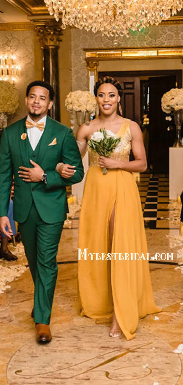 Mismatched V-neck Side Slit Long Simple Bridesmaid Dresses, BDS0140