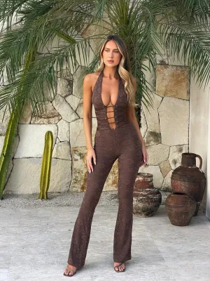 Mocha Lace Jumpsuit | Sheer Mesh Detail