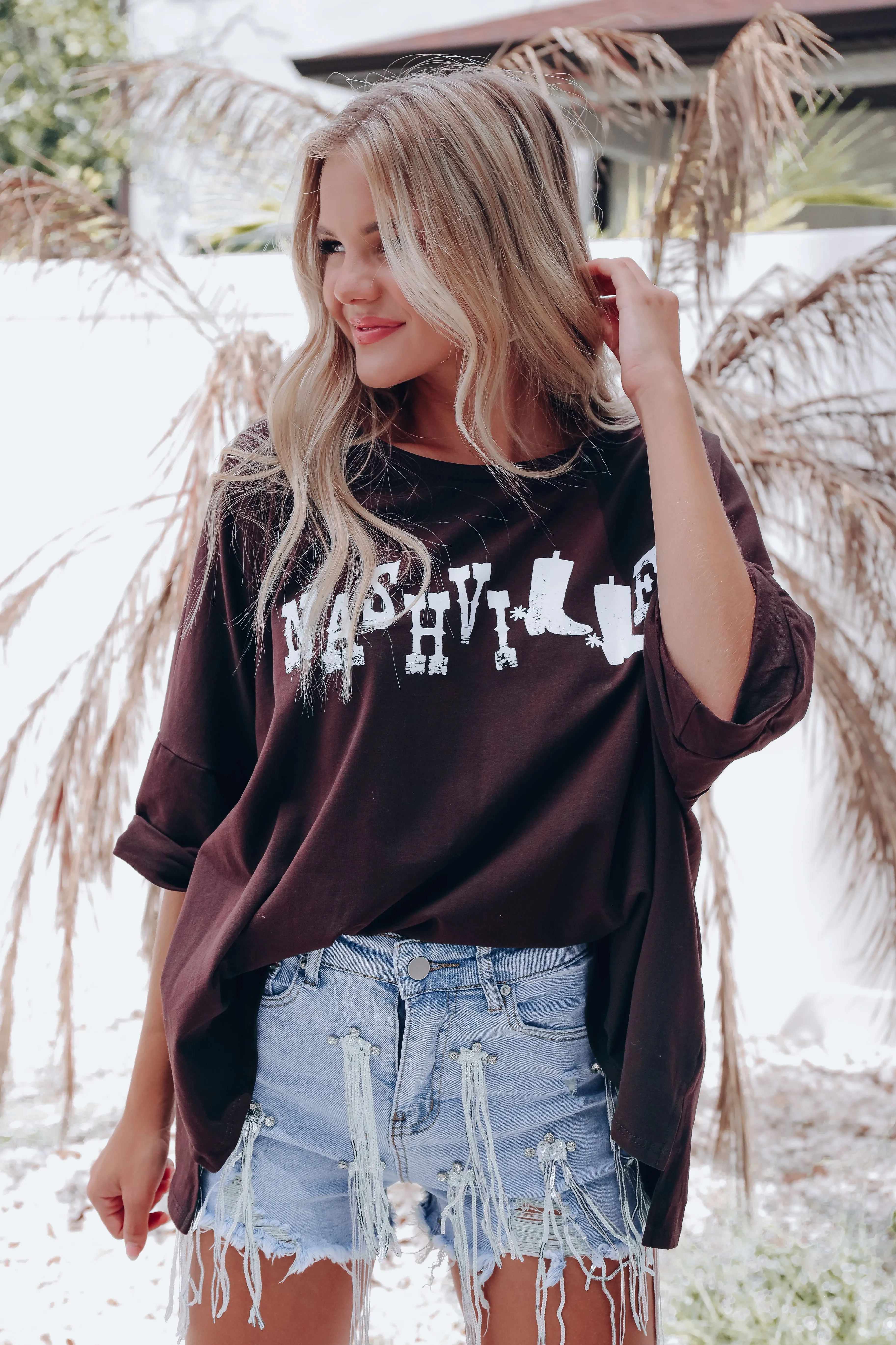 Nashville Boots Oversized Crop Graphic Tee - Dark Brown