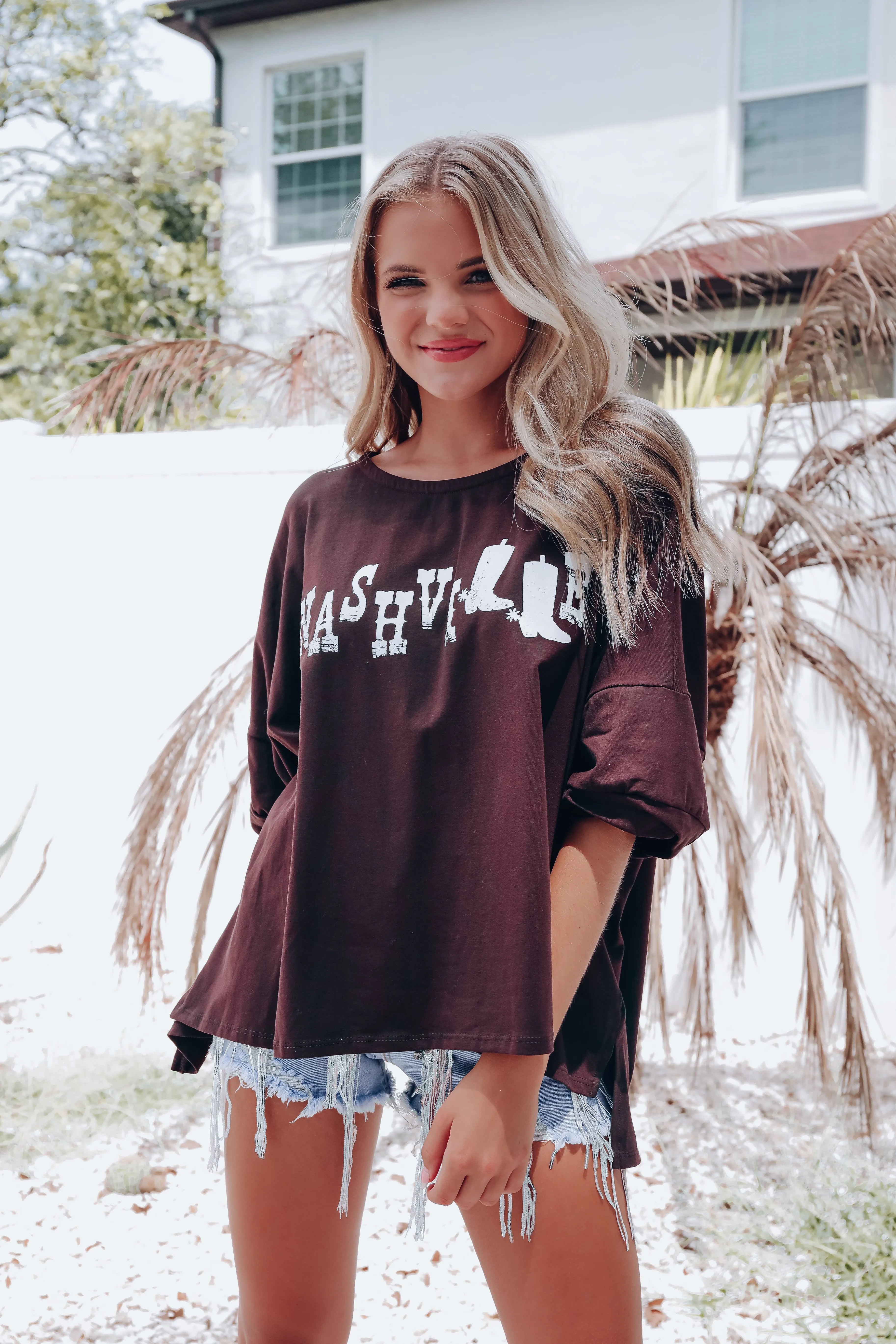 Nashville Boots Oversized Crop Graphic Tee - Dark Brown
