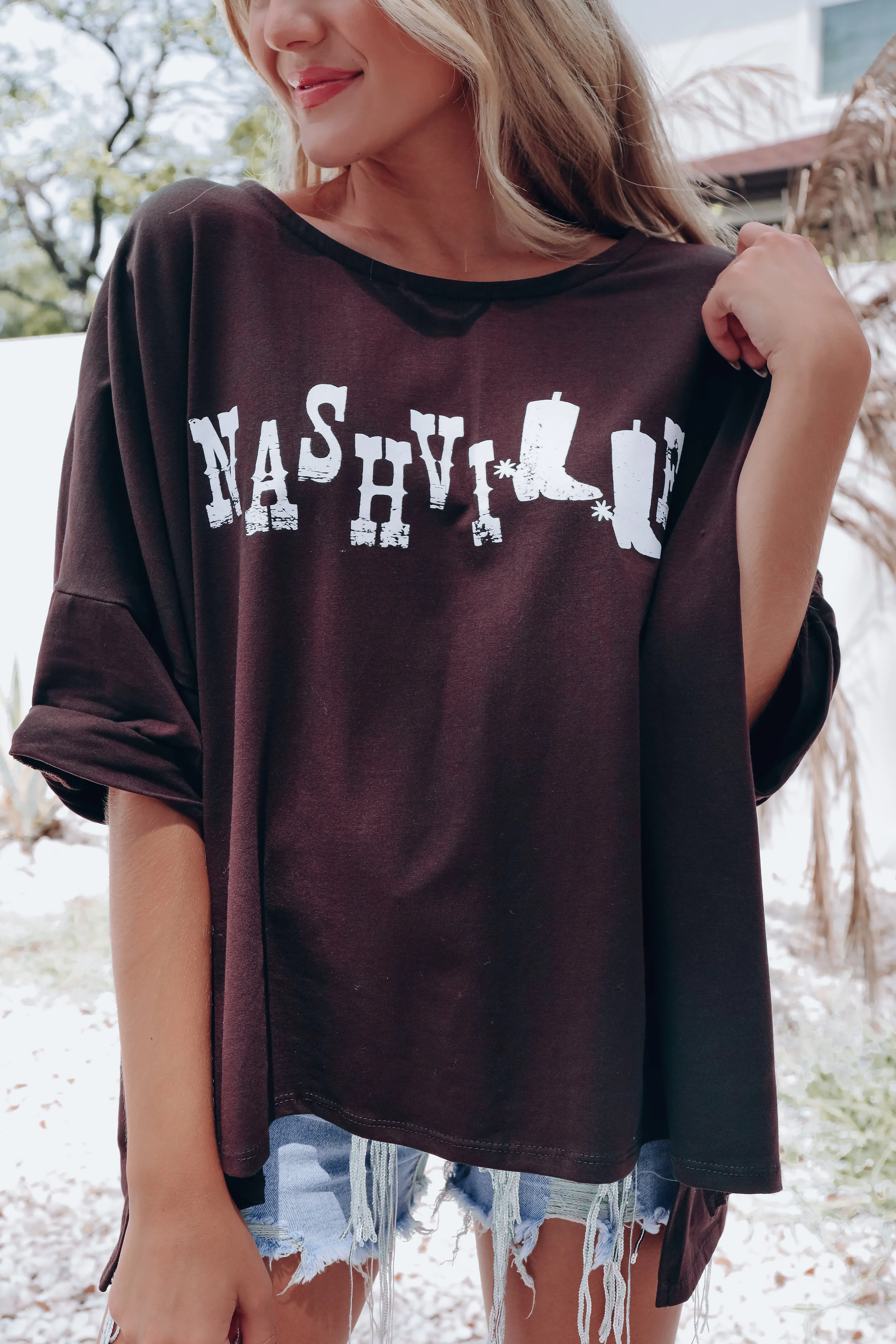 Nashville Boots Oversized Crop Graphic Tee - Dark Brown