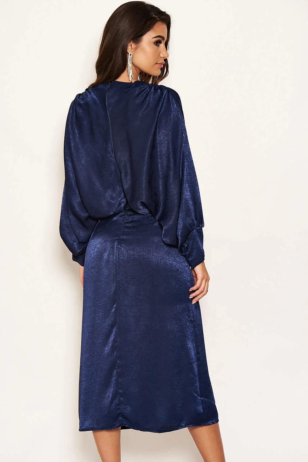 Navy Bat Wing V Neck Midi Dress