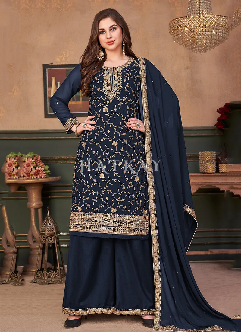 Navy Blue Embroidered Georgette Palazzo Suit