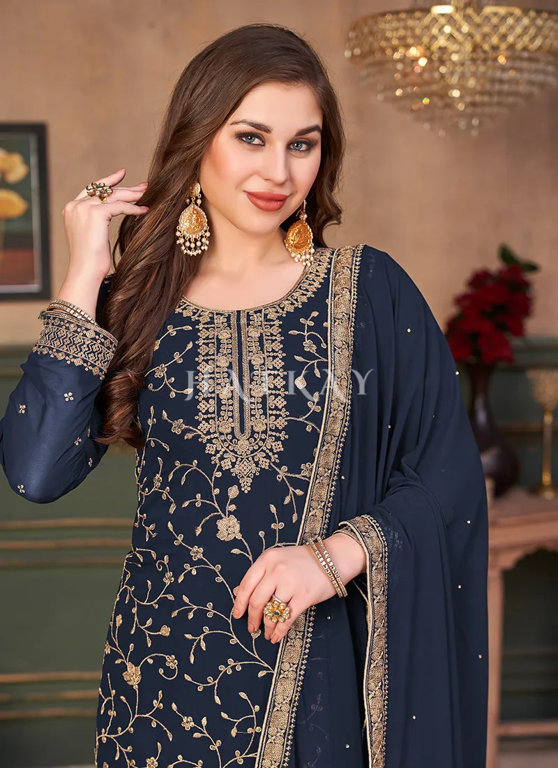Navy Blue Embroidered Georgette Palazzo Suit