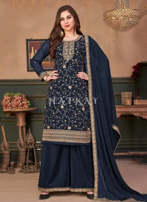 Navy Blue Embroidered Georgette Palazzo Suit