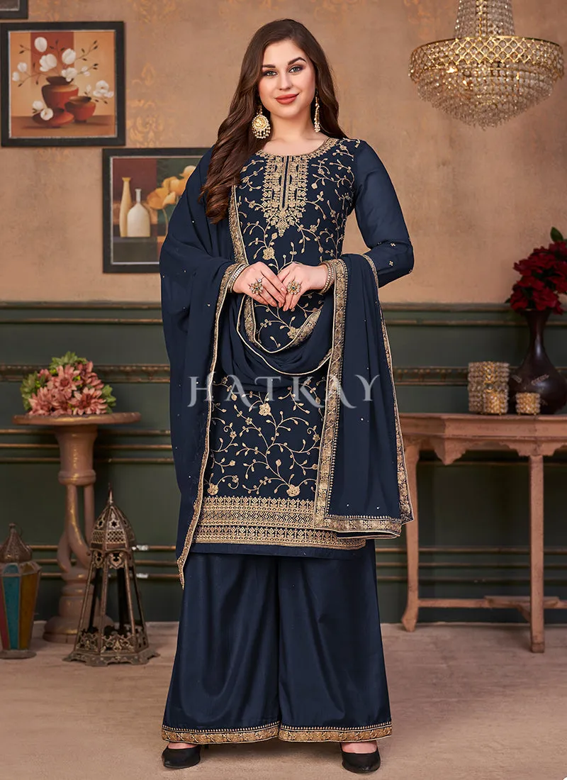 Navy Blue Embroidered Georgette Palazzo Suit