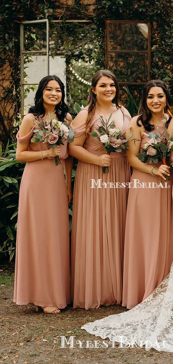 New Arrival Mismatched Pink Chiffon Long Cheap Wedding Party Dresses, Long Bridesmaid Dresses, BDS0006