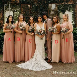 New Arrival Mismatched Pink Chiffon Long Cheap Wedding Party Dresses, Long Bridesmaid Dresses, BDS0006