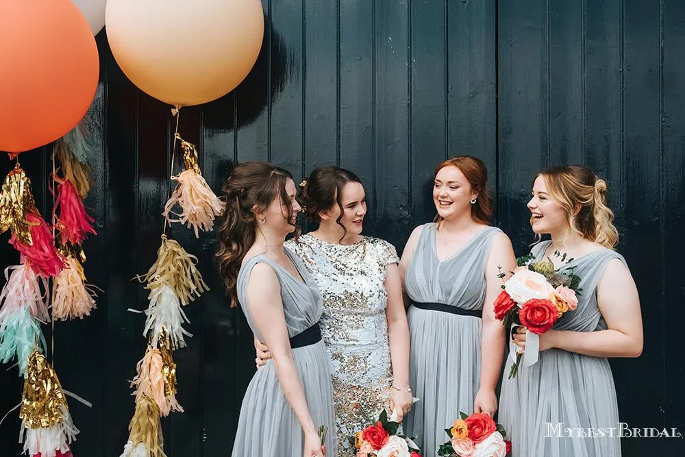 Newest Sleeveless Charming V-neck Grey Tulle Tea-Length Cheap Bridesmaid Dresses, TYP0104