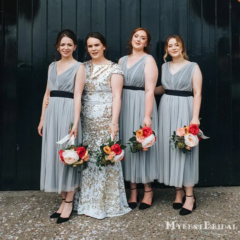 Newest Sleeveless Charming V-neck Grey Tulle Tea-Length Cheap Bridesmaid Dresses, TYP0104