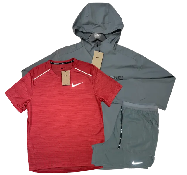 Nike Miler T-Shirt - Form GFX Windrunner - Flex Stride Shorts Outfit - Adobe Red/Grey/Grey