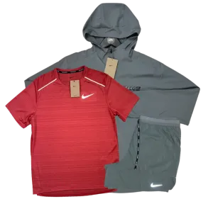 Nike Miler T-Shirt - Form GFX Windrunner - Flex Stride Shorts Outfit - Adobe Red/Grey/Grey