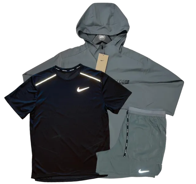 Nike Miler T-Shirt - Form GFX Windrunner - Flex Stride Shorts Outfit - Black/Grey/Grey