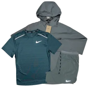 Nike Miler T-Shirt - Form GFX Windrunner - Flex Stride Shorts Outfit - Deep Jungle Green/Grey/Grey