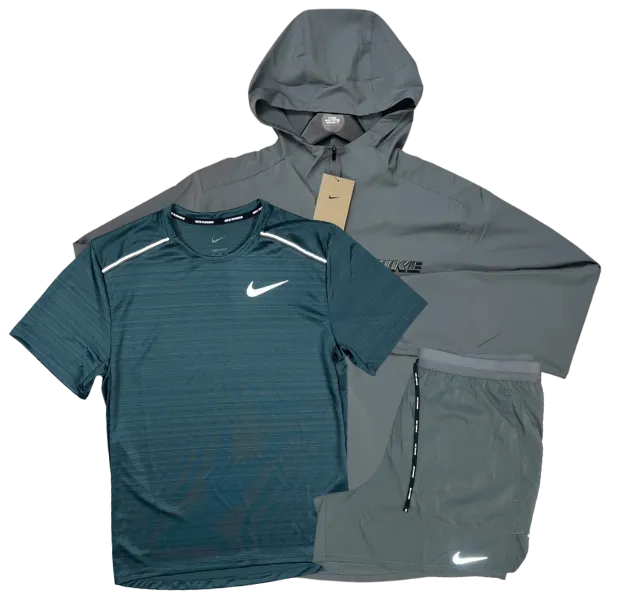 Nike Miler T-Shirt - Form GFX Windrunner - Flex Stride Shorts Outfit - Deep Jungle Green/Grey/Grey