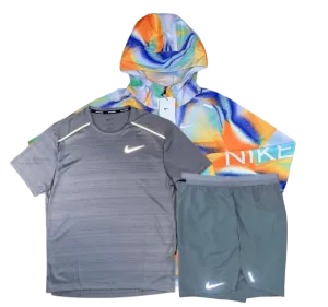 Nike Miler T-Shirt - Windrunner - Flex Stride Shorts Outfit - Grey/Metallic Rainbow/Grey
