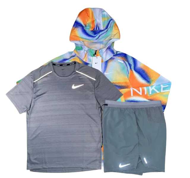 Nike Miler T-Shirt - Windrunner - Flex Stride Shorts Outfit - Grey/Metallic Rainbow/Grey