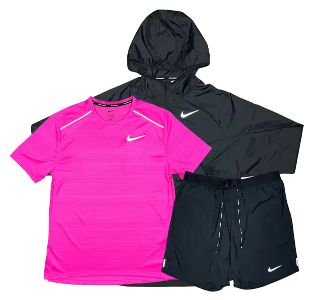 Nike Miler T-Shirt - Windrunner - Flex Stride Shorts Outfit - Hot Pink/Black/Black