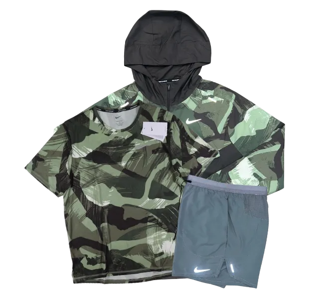 Nike Miler T-Shirt - Windrunner - Flex Stride Shorts Outfit - Oil Green Camo/Smoke Grey