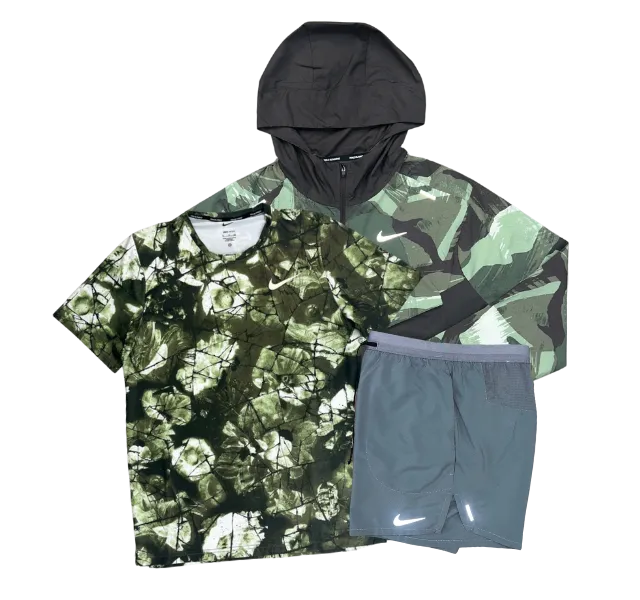 Nike Miler T-Shirt - Windrunner - Flex Stride Shorts Outfit - Oil Green/Green/Smoke Grey