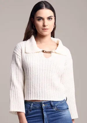 Off-White Loose Sweater with Chain Collar
