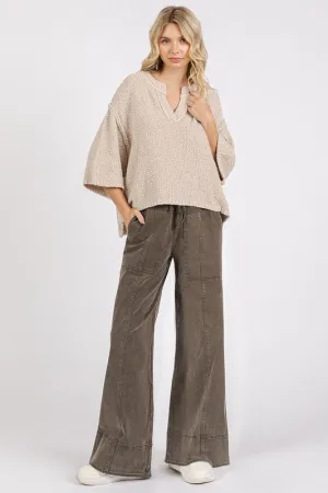 Olive Green Mineral Wash Elastic Wide Leg Pants