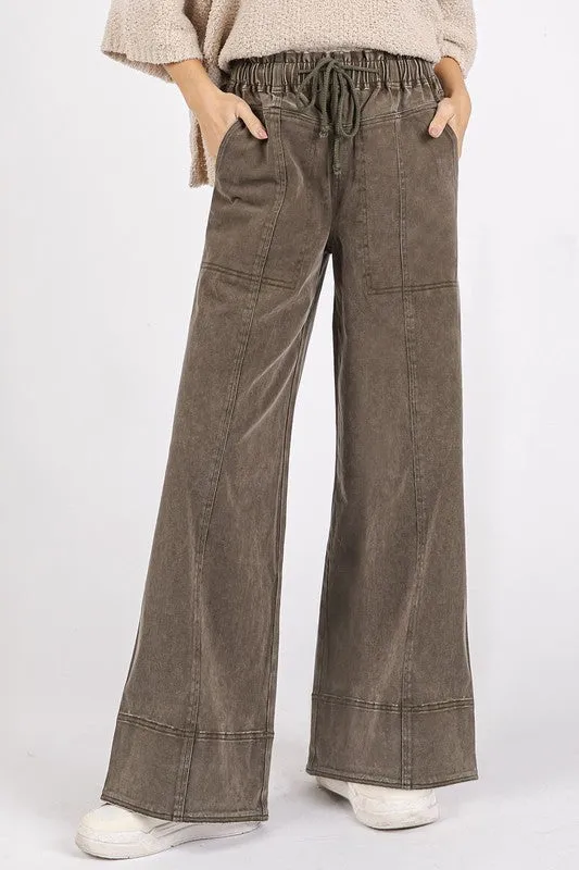 Olive Green Mineral Wash Elastic Wide Leg Pants