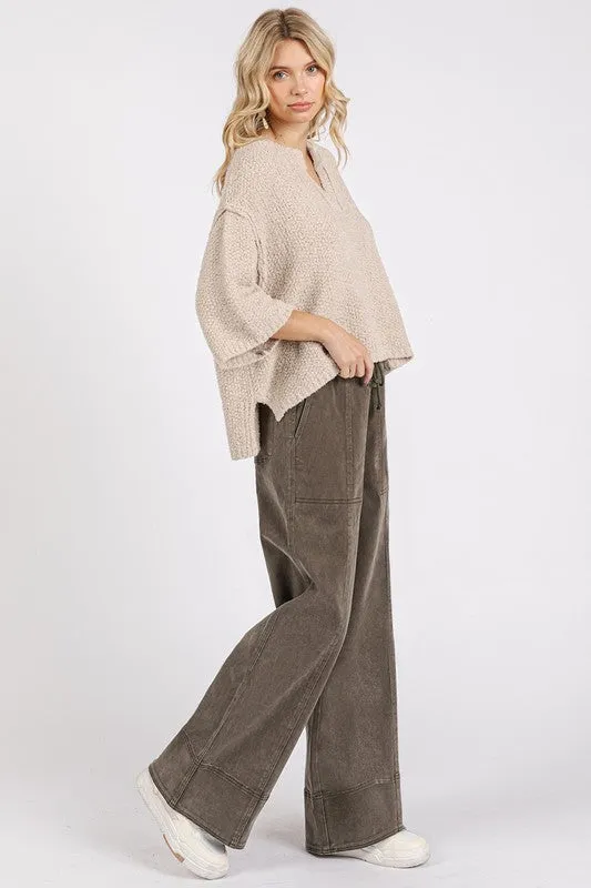 Olive Green Mineral Wash Elastic Wide Leg Pants