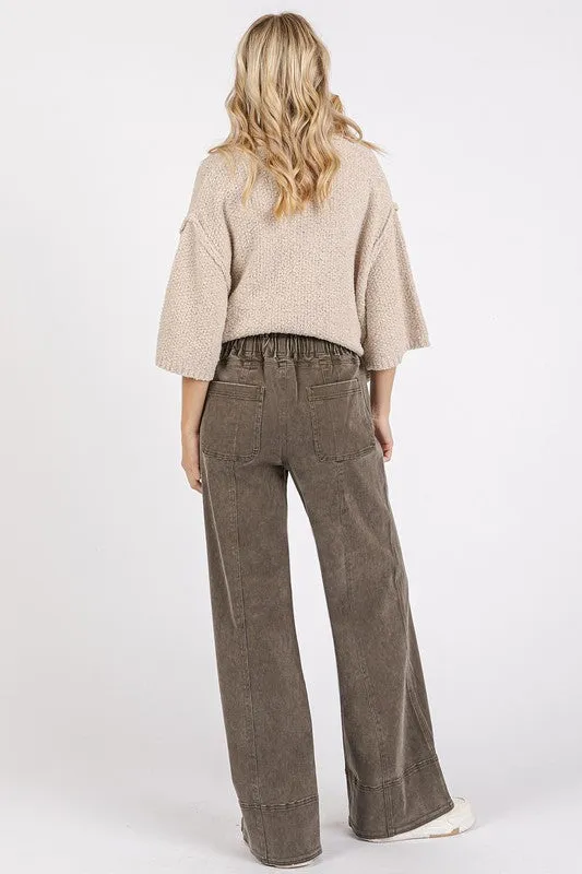 Olive Green Mineral Wash Elastic Wide Leg Pants