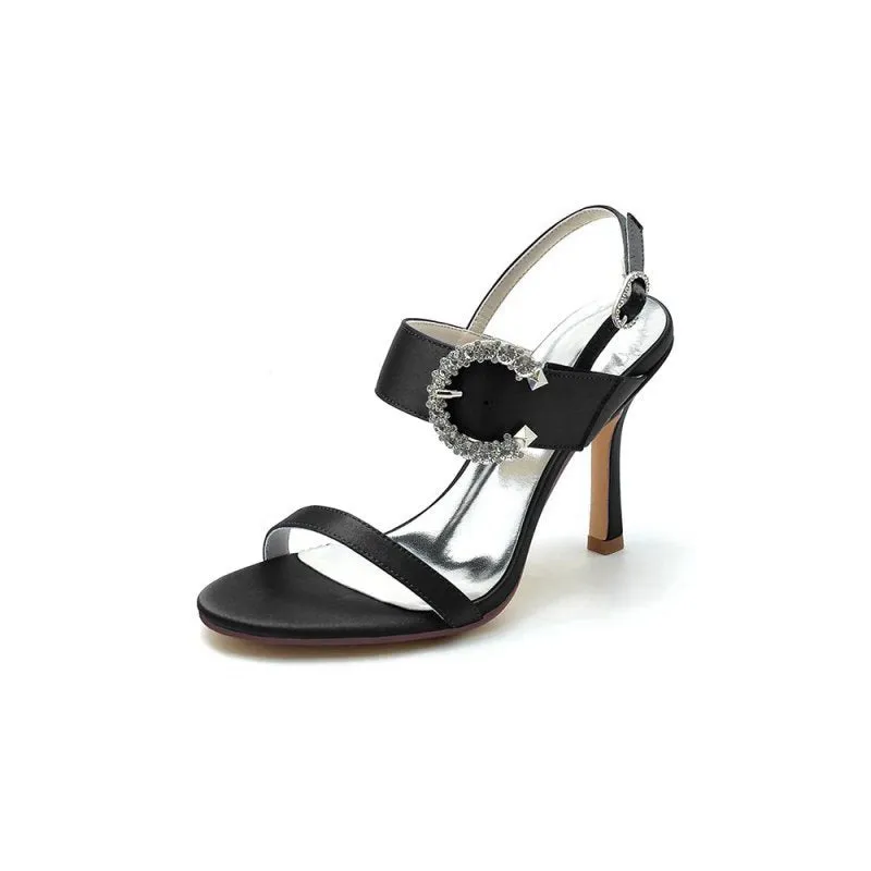 Open Toe Satin Heels with Crystal Buckle