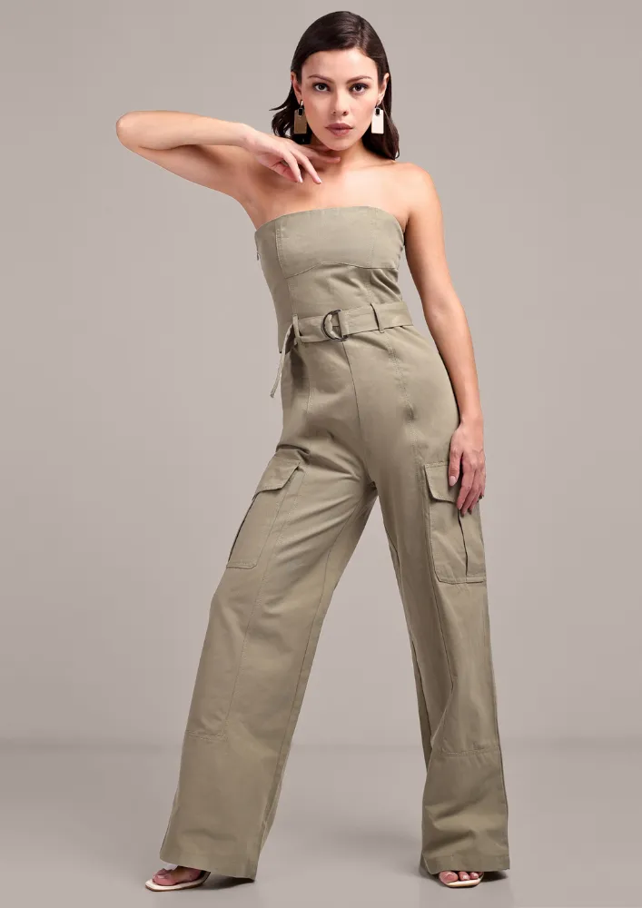 Pastel Green Off-Shoulder Cargo Jumpsuit