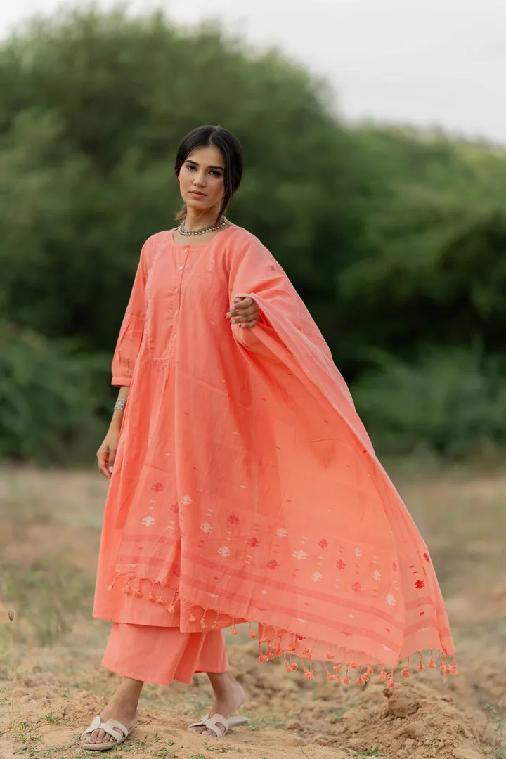Peach Rose Mulmul Kurta Set