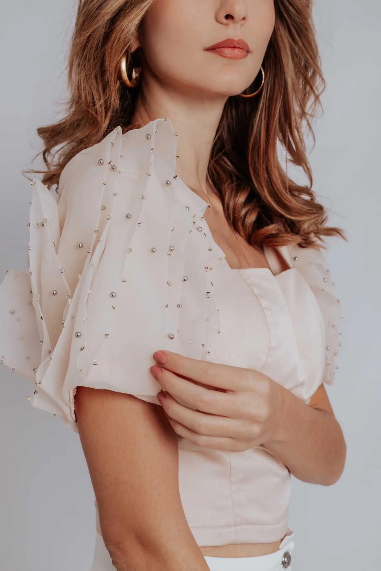 Penelope Classy Short Puff Beaded Sleeve Satin Bustier Top