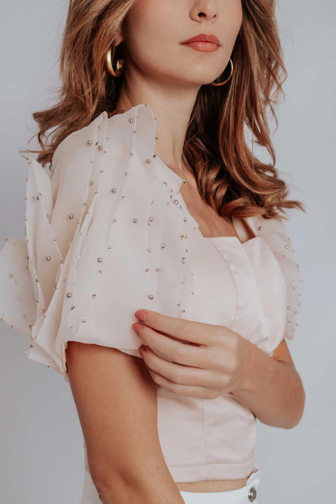 Penelope Classy Short Puff Beaded Sleeve Satin Bustier Top
