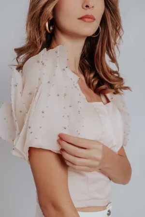 Penelope Classy Short Puff Beaded Sleeve Satin Bustier Top