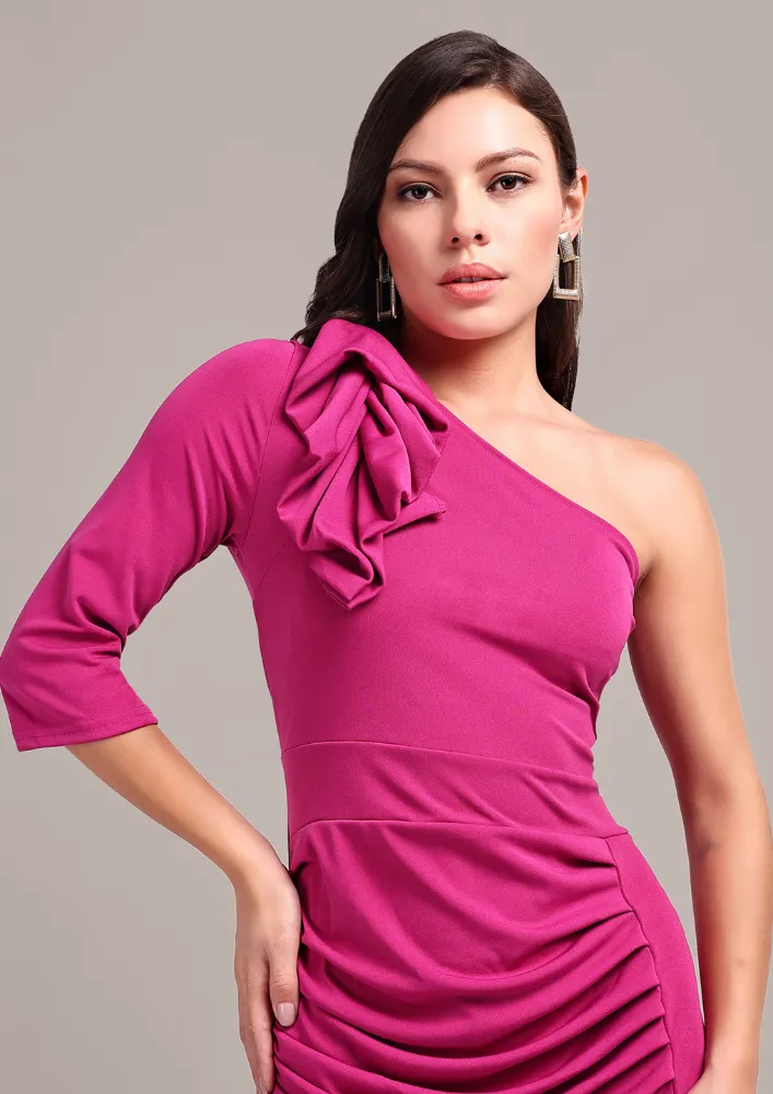 Pink One Shoulder Bodycon Midi Dress