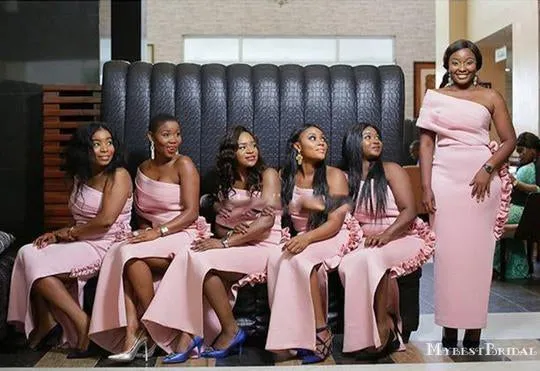 Pink One Shoulder Sleeveless Side Slit Long Bridesmaid Dresses With Ruched, TYP0006