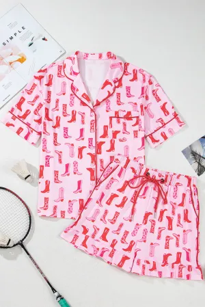 Pink Western Cowgirl Boots Printed Shirt Ruffled Shorts Pajama Set