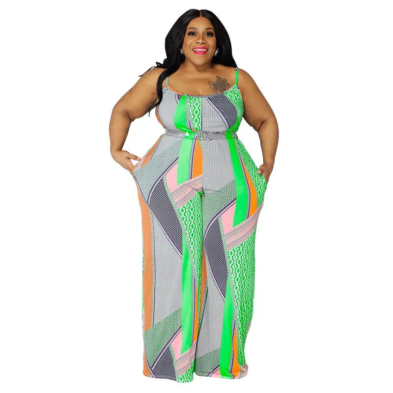 Plus Size Sexy Print Spaghetti Strap Top and Pants with Crystal Belt