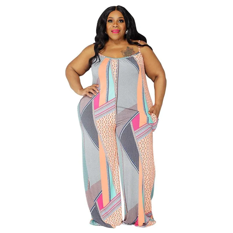 Plus Size Sexy Print Spaghetti Strap Top and Pants with Crystal Belt