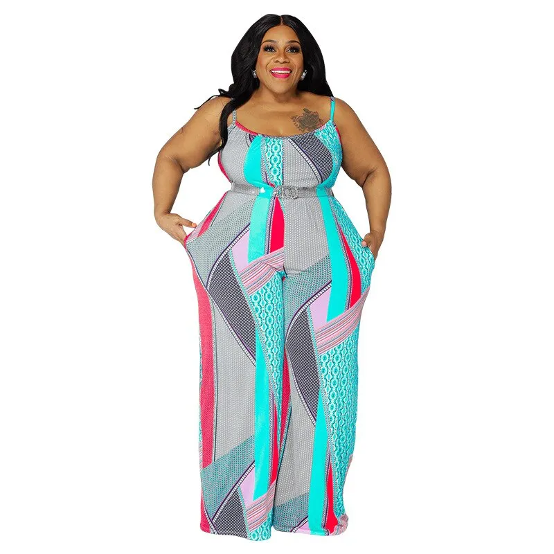 Plus Size Sexy Print Spaghetti Strap Top and Pants with Crystal Belt