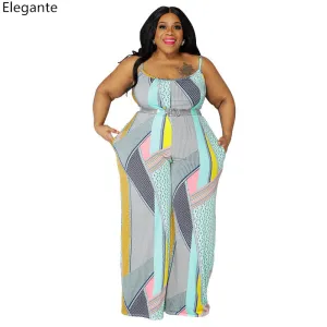 Plus Size Sexy Print Spaghetti Strap Top and Pants with Crystal Belt