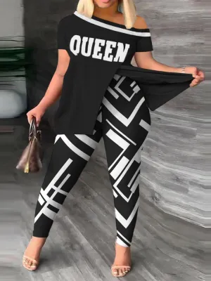 Plus Size Two Piece Print One Shoulder Split Hem Outfit