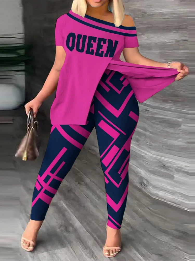 Plus Size Two Piece Print One Shoulder Split Hem Outfit