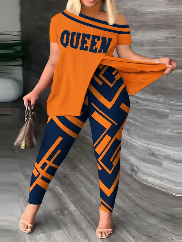 Plus Size Two Piece Print One Shoulder Split Hem Outfit