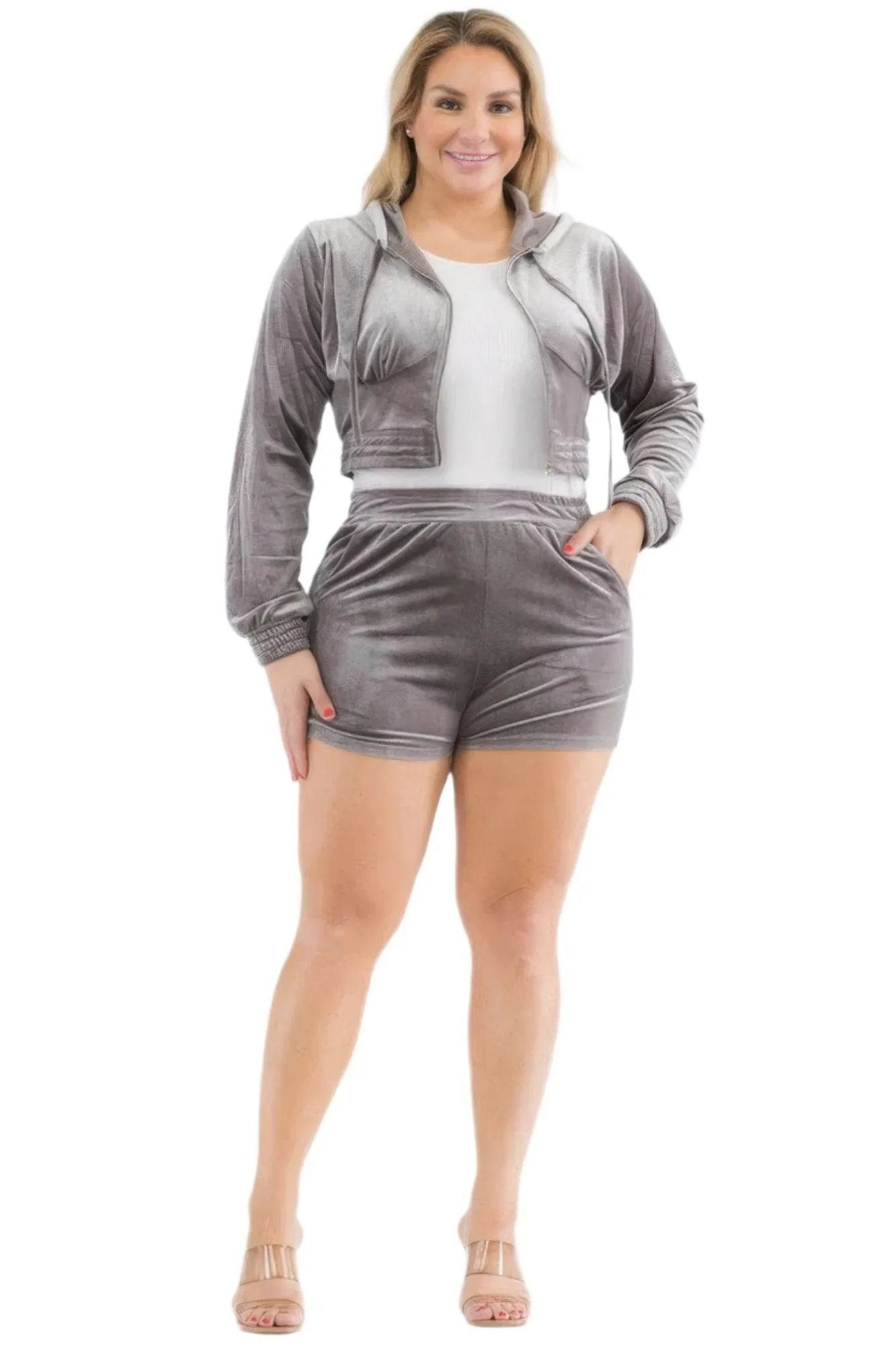 Plus Size Velour Crop Zip Up Hoodie and Shorts Set