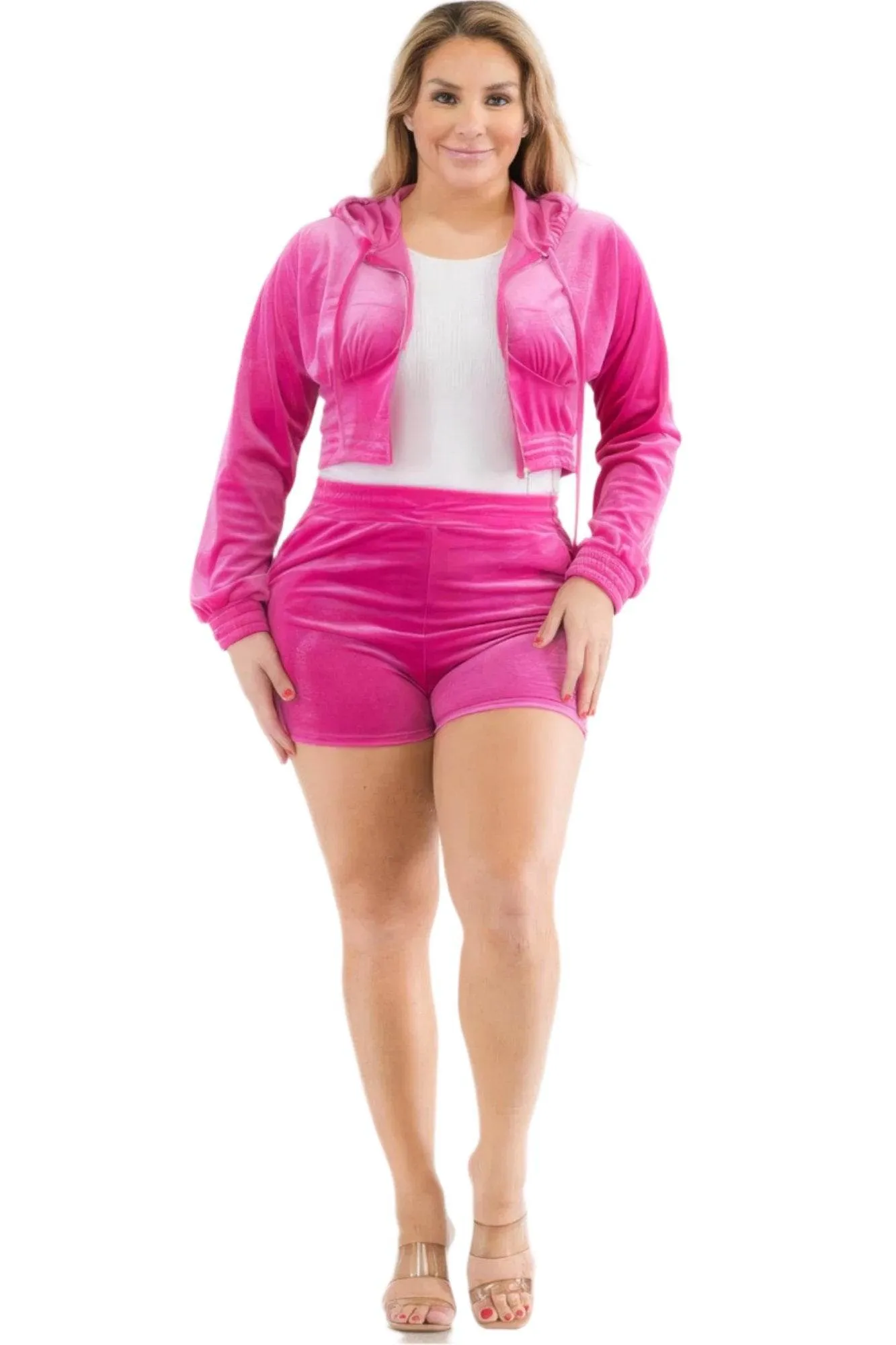 Plus Size Velour Crop Zip Up Hoodie and Shorts Set